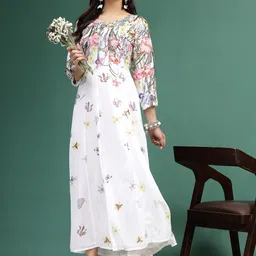 Sangria White Floral Printed Square Neck A-Line Ethnic Dress-image-3