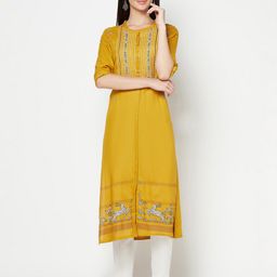 Cantabil Women Mustard Yellow & White Printed Mukaish A-Line Kurta-picture-25