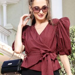 Sera Women Burgundy Polka Dots Print V-Neck Wrap Top-image-44