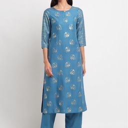 BLANC9 Women Teal & Gold-Toned Ethnic Motifs Printed Kurta-image-95