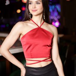 Sera Red Halter Neck Satin Fitted Crop Top-image-8