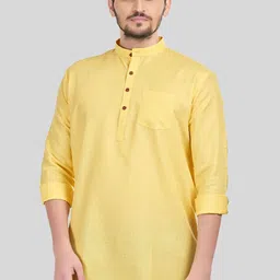 SHIWAM ETHNIX Men Yellow Solid Cotton Kurta-picture-40