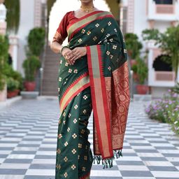 Anouk Green & Red Ethnic Motifs Woven Design Zari Banarasi Saree-image-63
