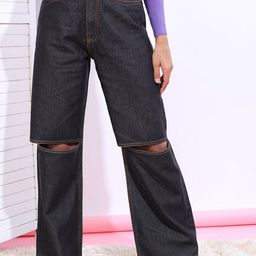 Tokyo Talkies Women Black Slash Knee Dad Fit Jeans-image-86