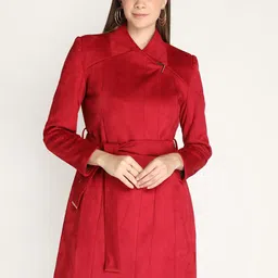 HONNETE Women Maroon Solid Trench Coats-picture-12