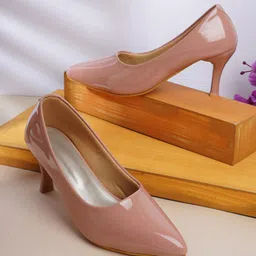Walkfree Peach-Coloured Block Pumps with Buckles-33