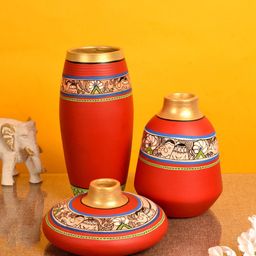 AAKRITI ART CREATIONS Set of 3 Red Earthen Madhubani Vase-image-99