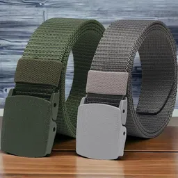The Roadster Lifestyle Co. Men Green & Grey Set Of 2 Textured Canvas Belts-image-96