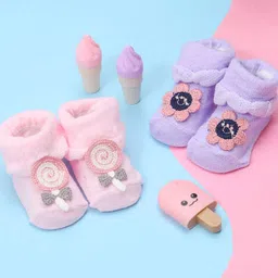 Yellow Bee Infant Girls Pack Of 2 Embellished Crochet Cotton Socks-2