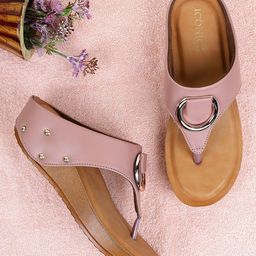 ICONICS Pink Solid Wedge Heel Slip On Sandals-12