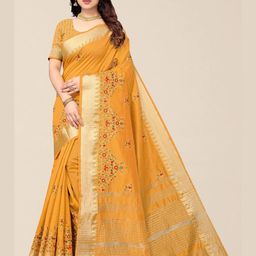 SERONA FABRICS Yellow Floral Embroidered Zari Silk Cotton Saree-image-53