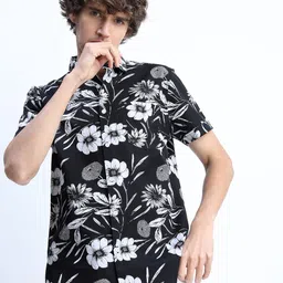 HIGHLANDER Men Black Slim Fit Floral Printed Casual Shirt-image-74