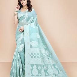 VAIRAGEE Sea Green & White Woven Design Pure Silk Saree-image-4
