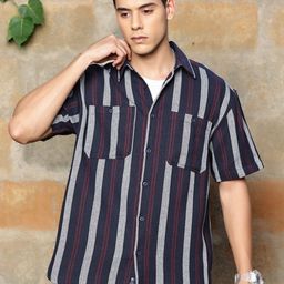 The Roadster Lifestyle Co. Navy Blue & Grey Striped Oversized-Fit Pure Cotton Casual Shirt-image-97
