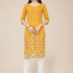 HERE&NOW Mustard Yellow & Red & Yellow Floral Embroidered Georgette Kurta-picture-35