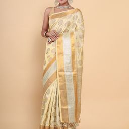 MIMOSA Cream-Coloured & Gold-Toned Floral Zari Art Silk Kasavu Saree-10