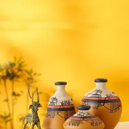 AAKRITI ART CREATIONS Set of 3 Yellow & Beige Madhubani Print Vases-18