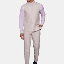 Wintage Men Cream Coloured Solid Bandhgala Linen Formal Two-Piece Suit-image-55