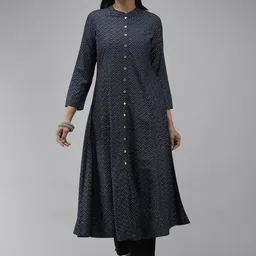 KALINI Striped Flared Sleeves Mandarin Collar Thread Work A-Line Kurta-6