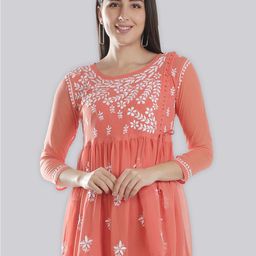 Seva Chikan Ethnic Motifs Embroidered Chikankari Angrakha Kurti With Slip-image-84