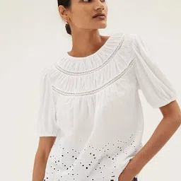 Marks & Spencer Women Self Design White Cotton Top-image-64