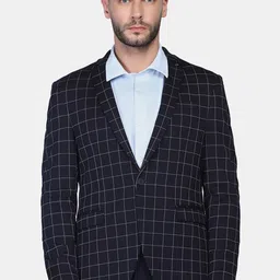 Blackberrys Men Navy Blue Checked Slim-Fit Single-Breasted Two-Piece Formal Suit-image-42