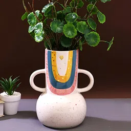 Aura Cream Coloured & Yellow Printed Abstract Shaped Ceramic Flower Vase-1