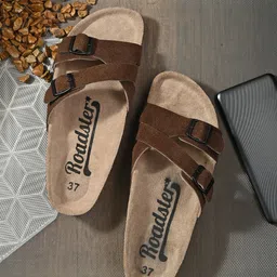 The Roadster Lifestyle Co. Brown Leather Open Toe Flats With Buckles-5