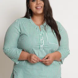 IX IMPRESSION Green Striped Mandarin Collar Shirt Style Pure Cotton Top-image-13