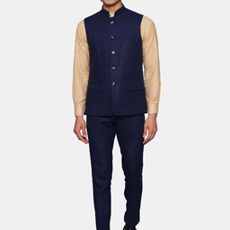 Wintage Men Navy Blue Solid Linen Bandhgala Formal Suit-image-27