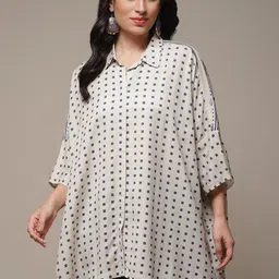 Biba Blue & White Geometric Printed Shirt Collar Kurti-27