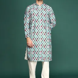 Sangria Geometric Printed Sequin Embellished Cotton Mandarin Collar Kurta-picture-18
