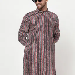 Spring Soul Ethnic Motifs Striped Band Collar Cotton Straight Kurta-picture-28