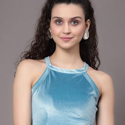 KASSUALLY Women Teal Halter Neck Velvet Crop Top-image-46
