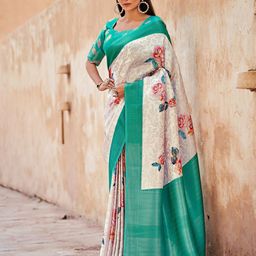 Mitera Teal & Cream-Coloured Woven Design Zari Banarasi Saree-image-42