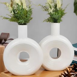 Kaolinite White 2 Pieces Donut Shaped Premium Ceramic Flower Vases-image-33