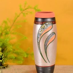 AAKRITI ART CREATIONS Orange & Green Autumn Leaf Handpainted Earthen Vase Tribal Art-image-8