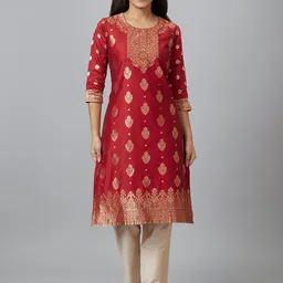 Globus Red Ethnic Motifs Woven Design Round Neck Kurta-picture-27