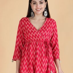 HERE&NOW Red & White Geometric Printed V-Neck Angrakha Kurti-1