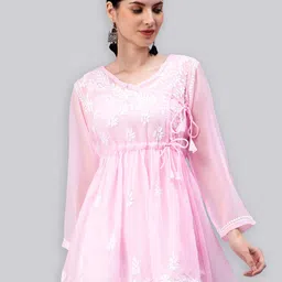 Seva Chikan Ethnic Motifs Embroidered Chikankari Angrakha Kurti With Slip-picture-14
