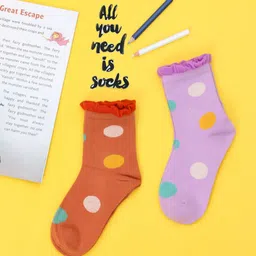 Yellow Bee Girls Pack Of 2 Purple & Brown Patterned Cotton Ankle-Length Socks-image-62