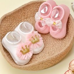 Yellow Bee Infant Girls Pack Of 2 Bow & Crown Patterned Cotton Booties-picture-33