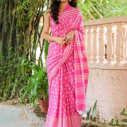 Pinkcity Trade World Ethnic Motifs Printed Pure Cotton Mulmul Bagru Saree-16