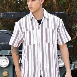 The Roadster Lifestyle Co. White & Grey Striped Oversized-Fit Pure Cotton Casual Shirt-image-96