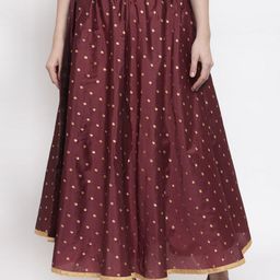 Miaz Lifestyle Women Maroon & Gold-Toned Self-Design Flared Maxi Skirt-image-20