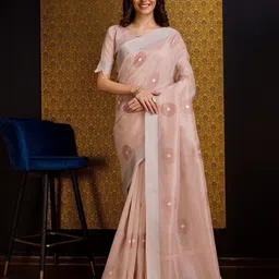 Mitera Peach Coloured Geometric Embroidered Linen & Silk Saree-image-25