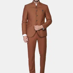 Blackberrys Men Coffee Brown Self Design Bandhgala Slim-Fit 2-Piece Formal Suit-picture-3