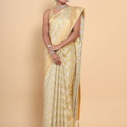 MIMOSA Cream-Coloured & Gold-Toned Paisley Zari Art Silk Kasavu Saree-11