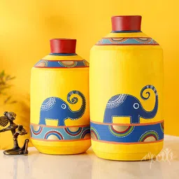 AAKRITI ART CREATIONS Yellow 2 Pieces Printed Terracotta Vases-image-80