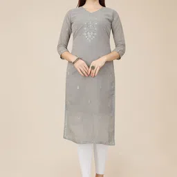 HERE&NOW Grey Ethnic Motifs Embroidered Thread Work Georgette Kurta-picture-3